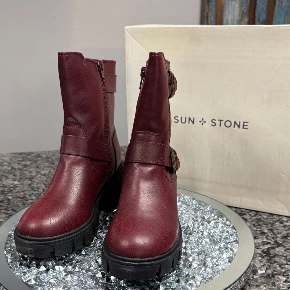Sun + Stone Women's Burgundy Combat Boots NEW 5 - Picture 5 of 16